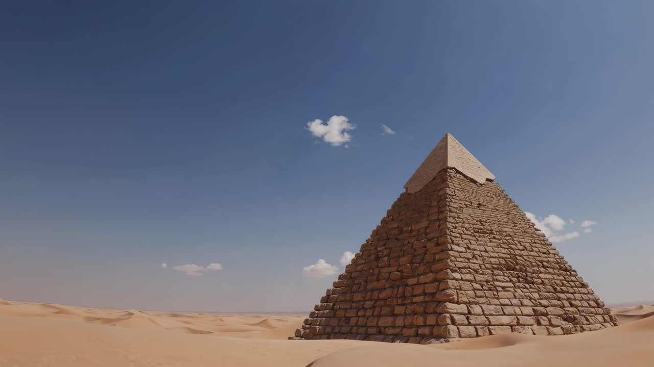 Wide-angle video shot of a pyramid in a vast desert landscape under a clear blue sky