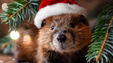 un castor con un sombrero de santa sentado bajo un árbol de navidad