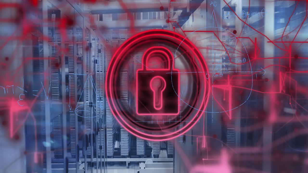 animación del procesamiento de datos y el candado sobre la sala del servidor