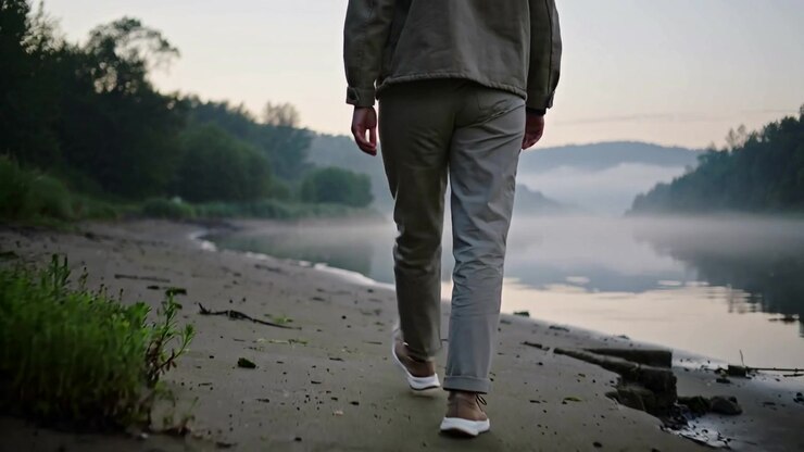 Taking first step, man in jacket and white sneakers walking along riverbank, leaving footprints