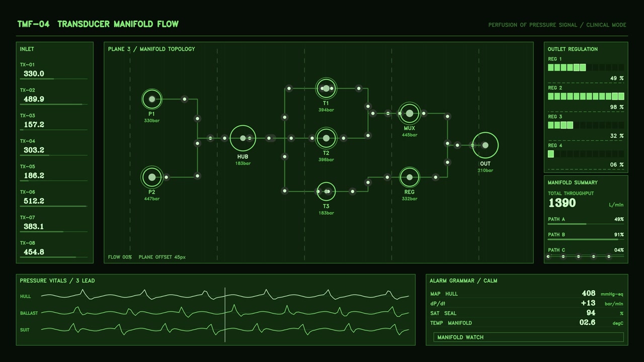 The display shows the transducer manifold flow with pressure readings and network diagram. Various readings are visible on a green background, with numbers and charts active