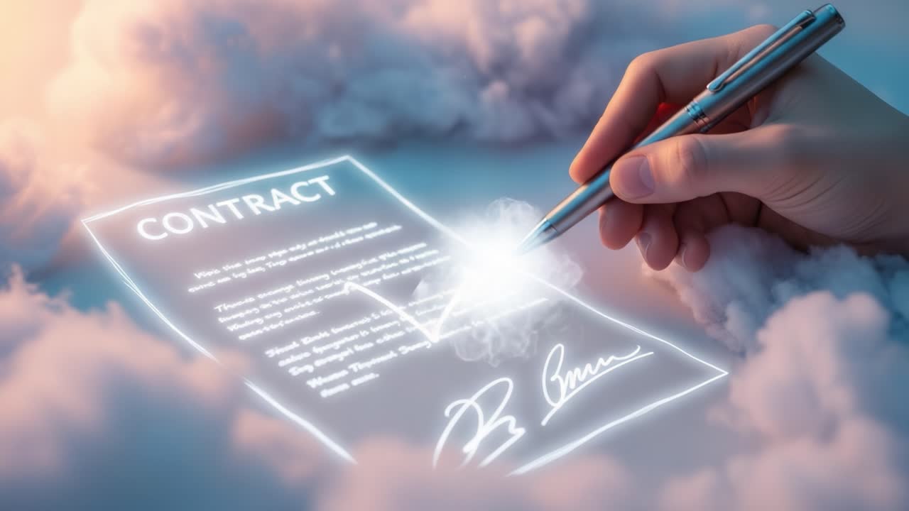 A hand writing a contract in a dreamlike cloud setting, showcasing the essence of commitment, clarity, and the power of agreements in a visually captivating manner