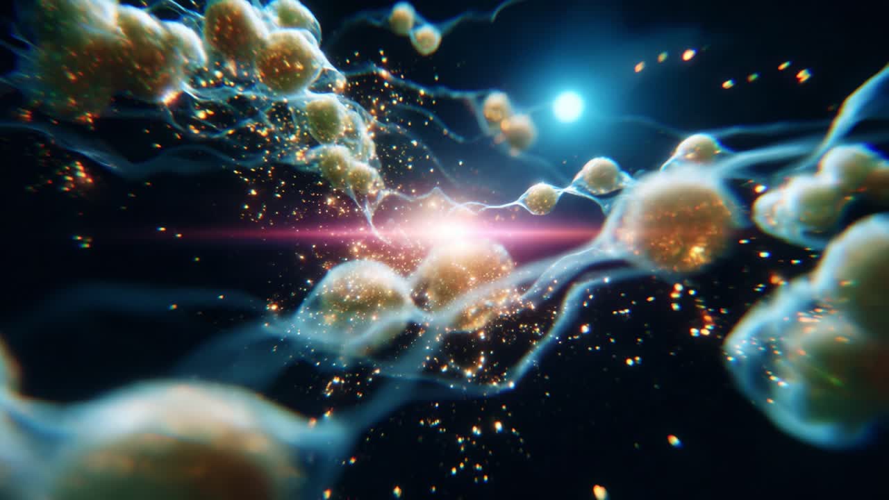 A captivating view of cellular forms moving through a cosmic environment, showcasing illuminated structures resembling microscopic organisms adrift in a luminescent space, filled with vibrant energy and enchanting visuals