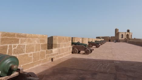 Cannons-pointed-to-sea-at-skala-de-la-ville,-wide-shot