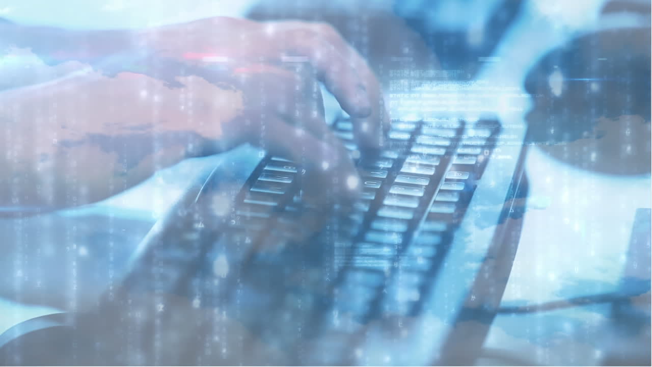 컴퓨터 키보드에서 타이핑하는 사람에 대한 연결 네트워크의 애니메이션