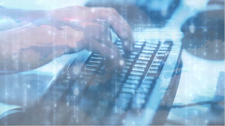 Animation of network of connections over person typing on computer keyboard