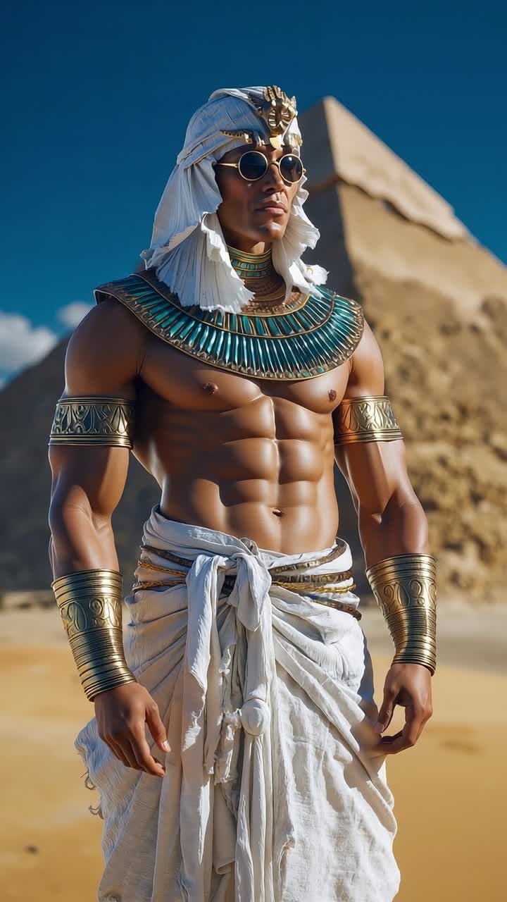 A shirtless man dressed as an Egyptian pharaoh standing in front of a pyramid