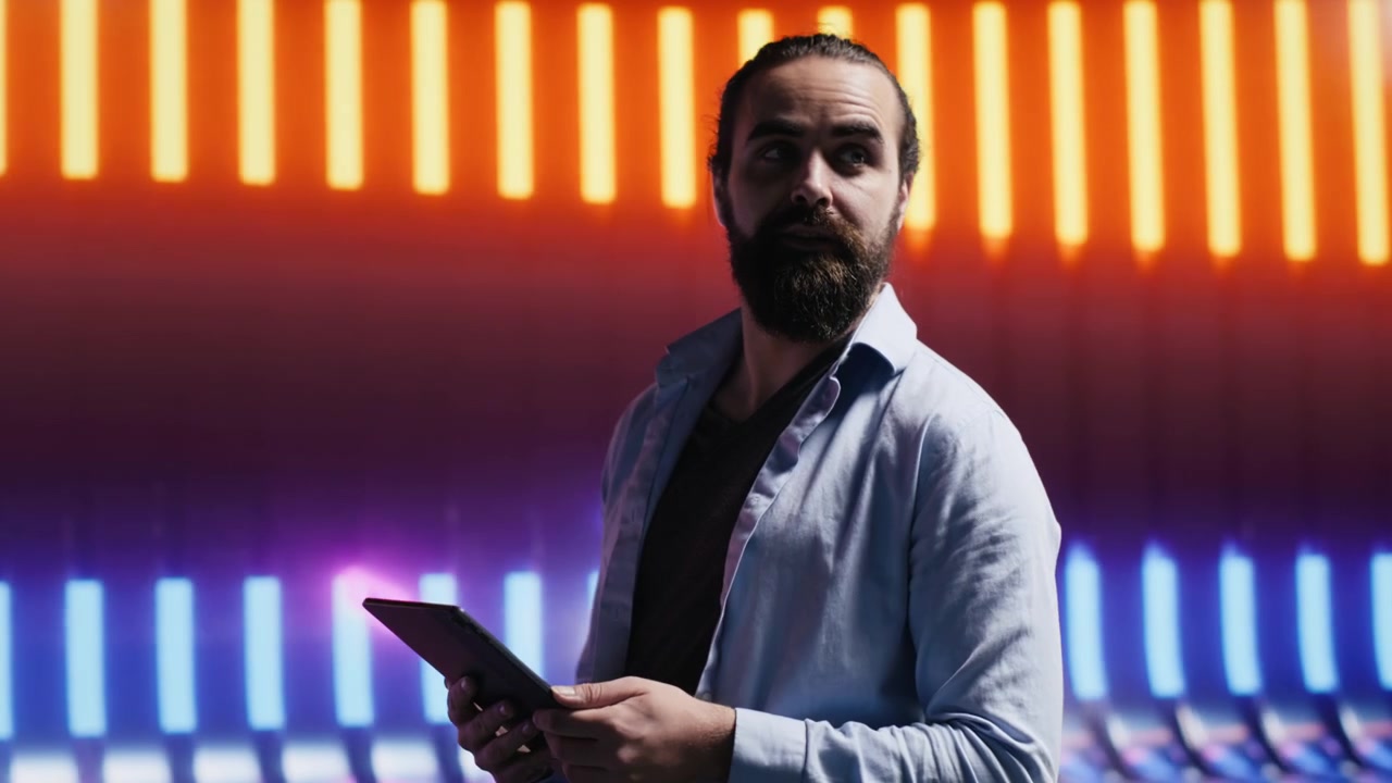 Uomo casual esplora la vibrante illuminazione della vita notturna cyberpunk