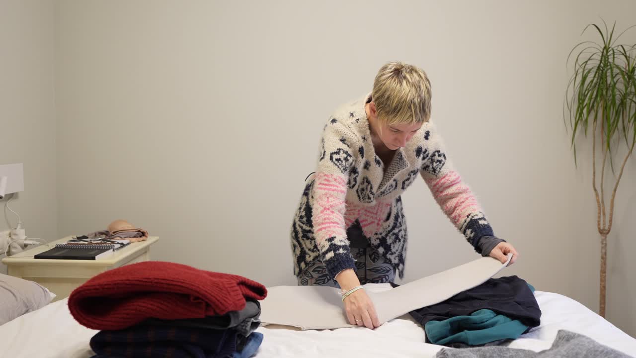 Frau faltet Kleidung im Schlafzimmer