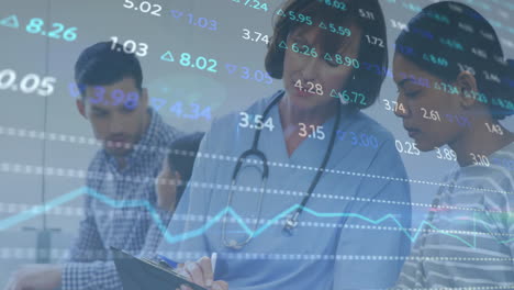 stock market data animation over healthcare professionals consulting with patients