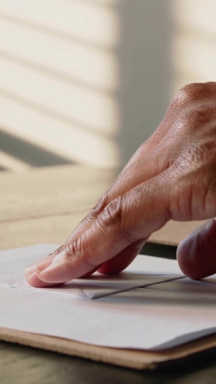 Video verticale: Mani che piegano carta bianca su un tavolo vicino alla finestra, creando una piccola busta.