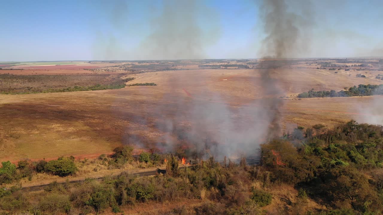 vista aérea del incendio forestal al lado de la carretera, fuego, arbusto, peligro