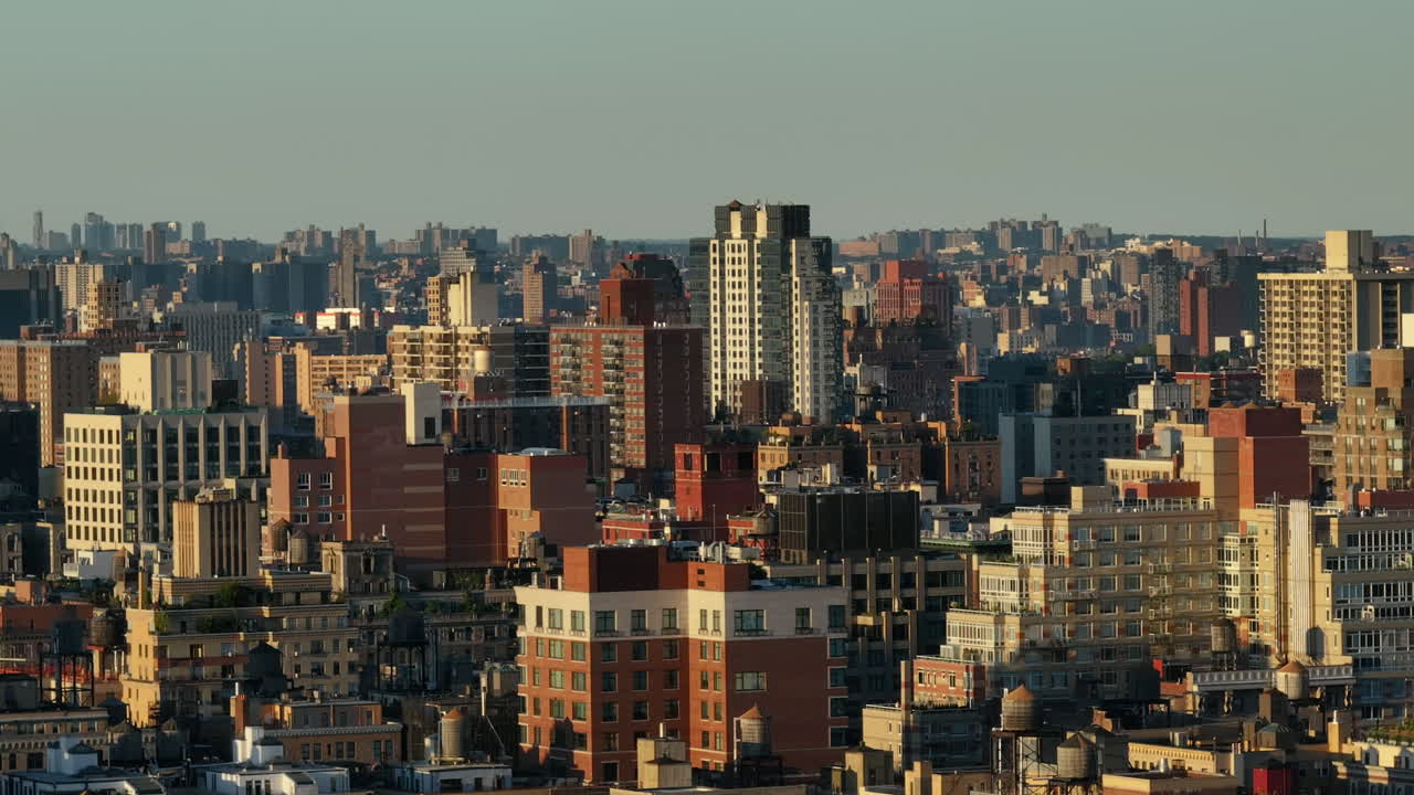 Aerial view of buildings on Manhattan's Upper West Side. Shot at dusk during the summer