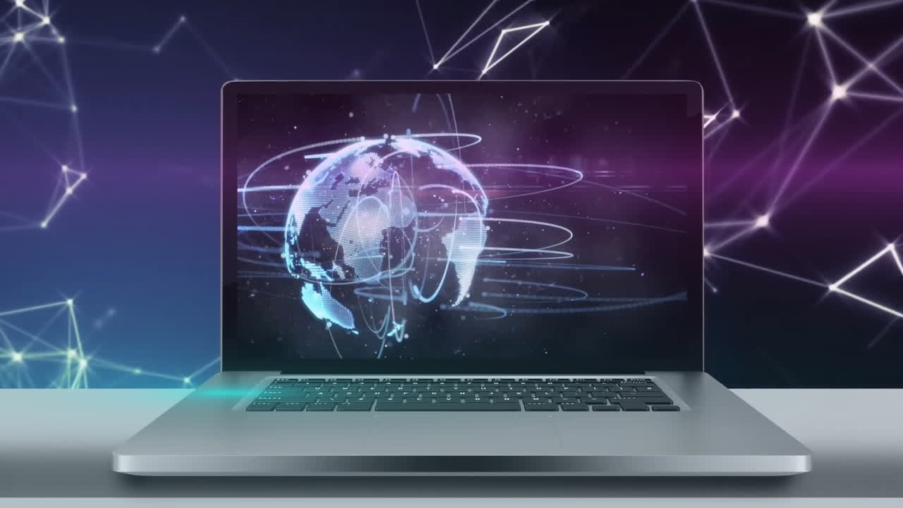 Animation of globe with connections over laptop with blank screen
