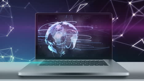 animación del globo con conexiones a través de la computadora portátil con pantalla en blanco