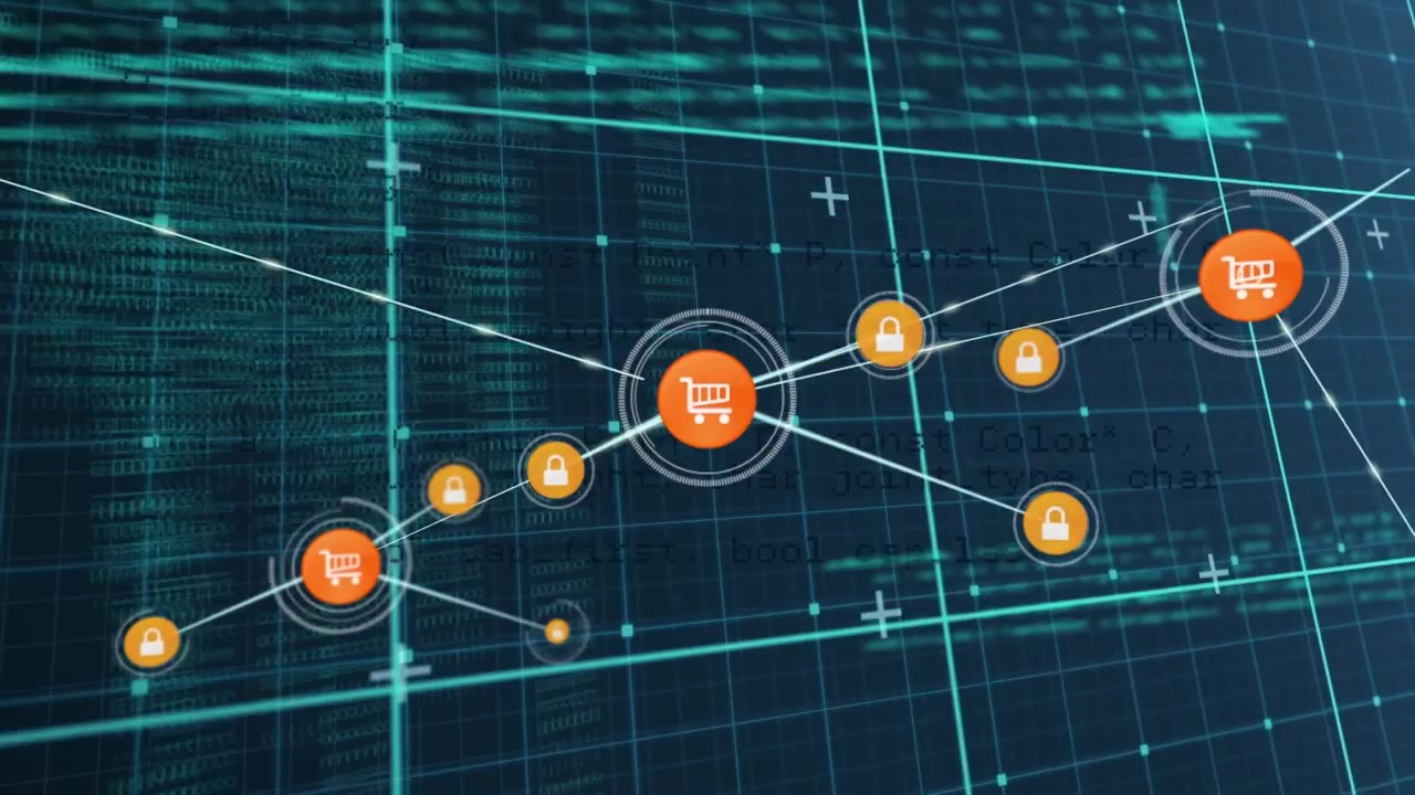 Rete digitale di icone di carrello della spesa e-commerce e lucchetto di sicurezza.