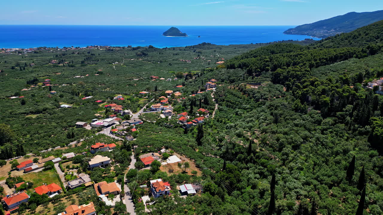 Zakynthos island township with majestic landscape, aerial drone view