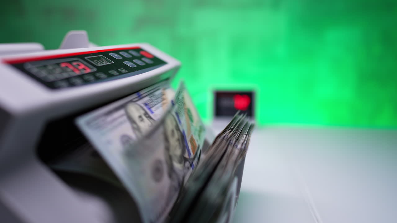 Banknotes with Benjamin Franklin counted in money counting machine. Dollars in bank equipment. Close up. Blurred backdrop.