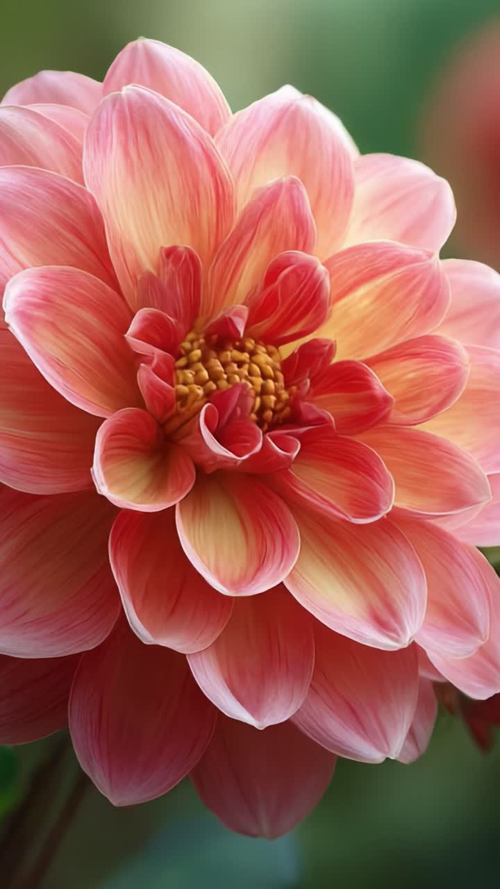 Uno straordinario primo piano di uno splendido fiore di dalia nei colori rosa tenue e crema, che mette in risalto i petali delicati e i dettagli intricati catturati in luce naturale