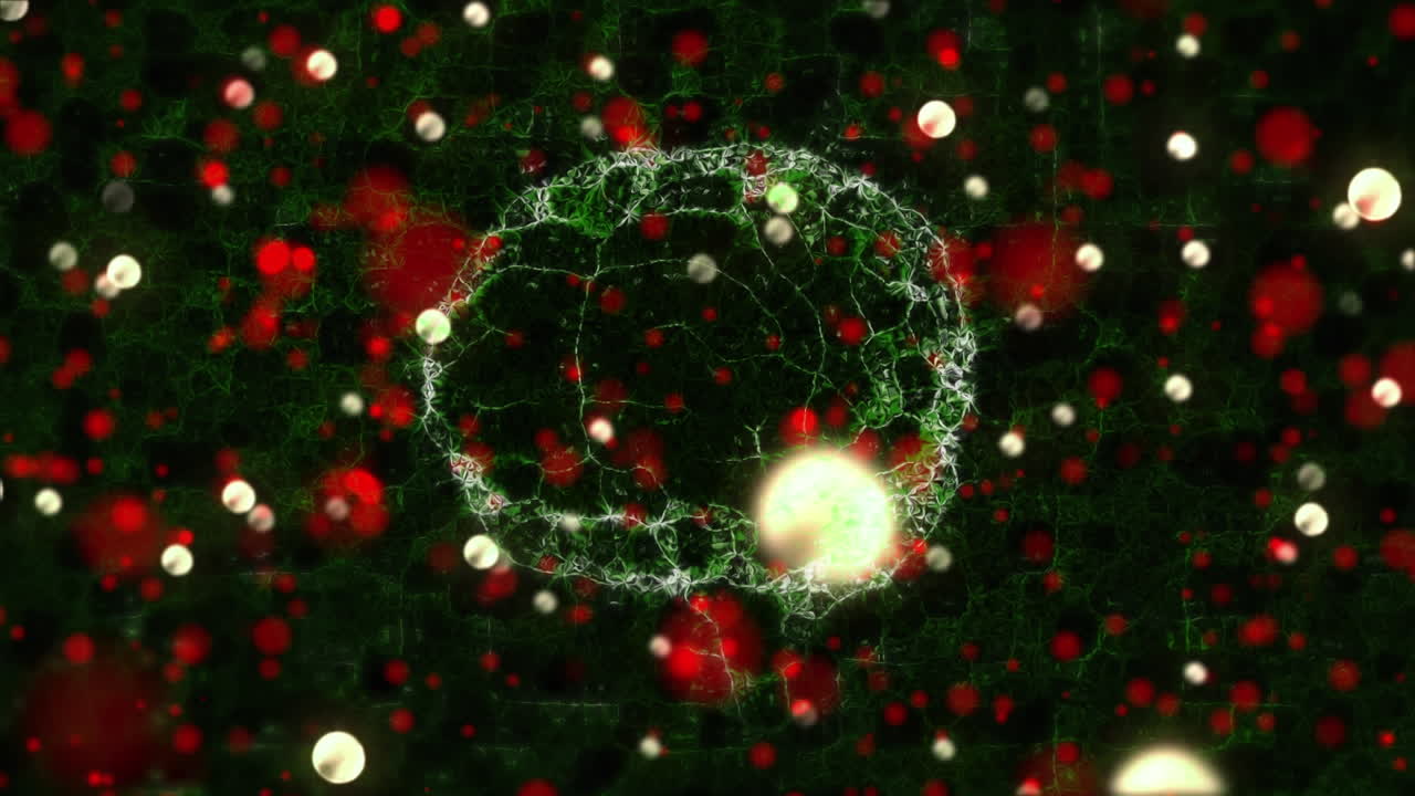 검은 바탕에  ⁇ 색과 빨간색 움직이는 불빛 위에 나타나는 뇌의 애니메이션