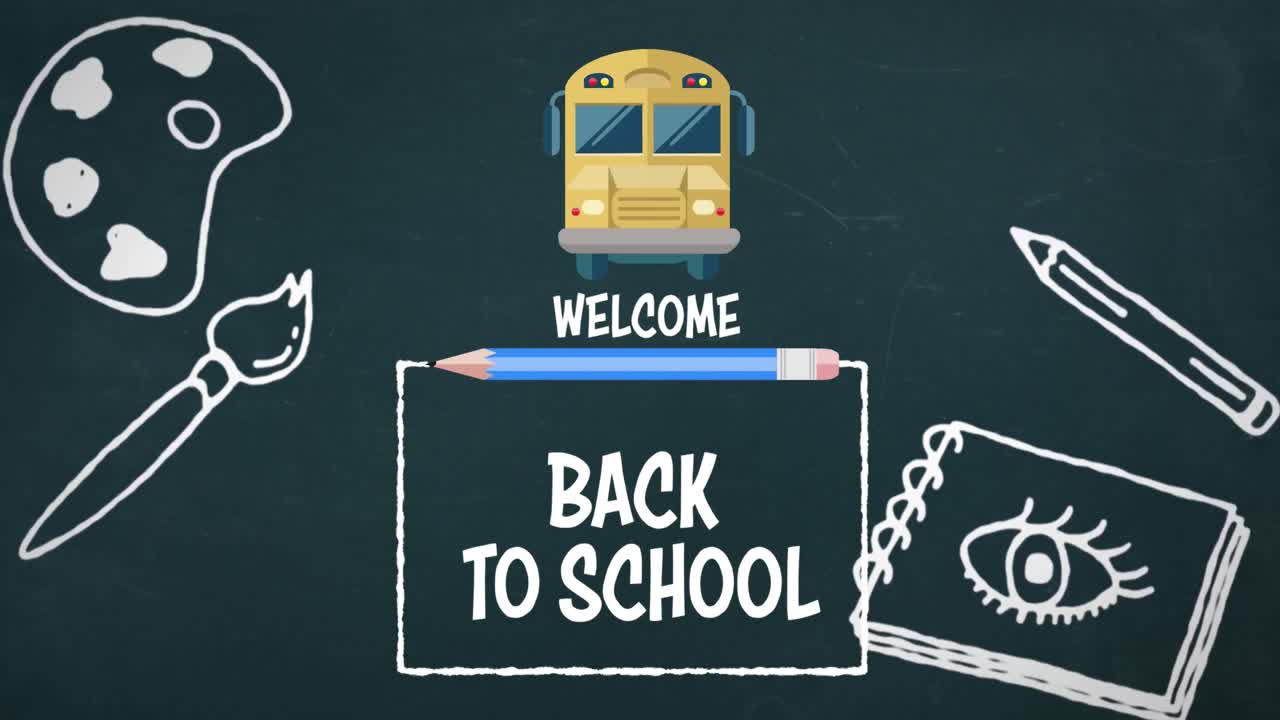 블랙보드에 있는 학교 아이템 아이콘 위에 있는 학교로 돌아가는 텍스트의 애니메이션