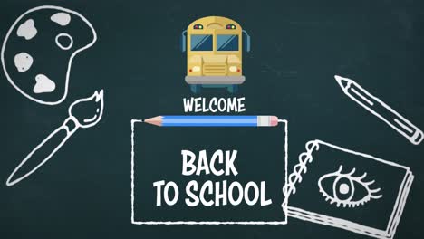 Animation-of-back-to-school-text-over-school-items-icons-on-blackboard