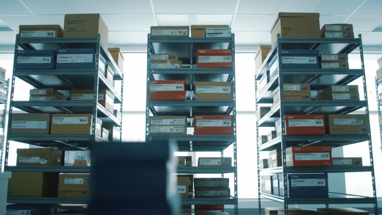 A Modern Storage Room Filled with Neatly Organized Boxes on Steel Shelving, Highlighting Efficient Space Utilization and an Inviting Work Environment