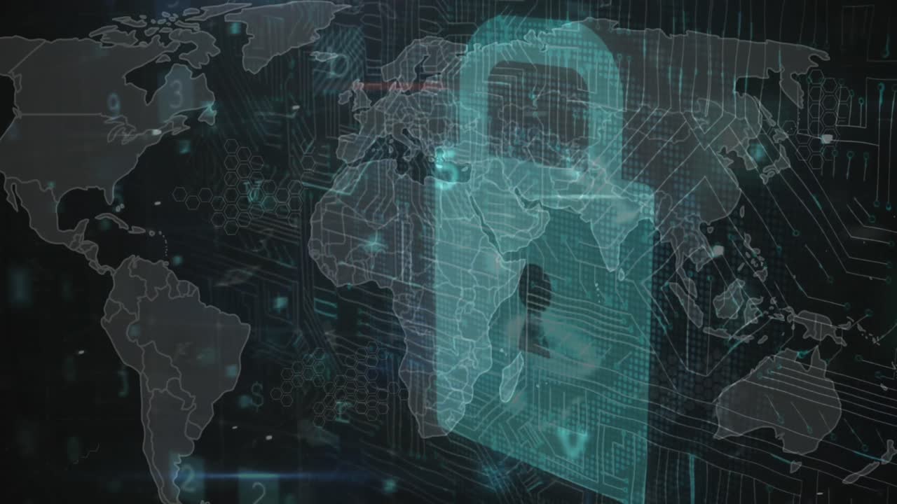 animación de textos, letras, símbolos, números sobre el candado contra el mapa en el fondo