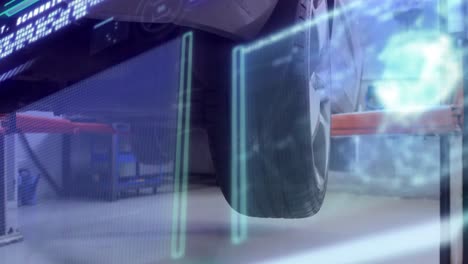 Animation-Von-Globus-Und-Computersprache-über-Einem-Aufzug,-Der-Ein-Auto-In-Der-Garage-Abholt