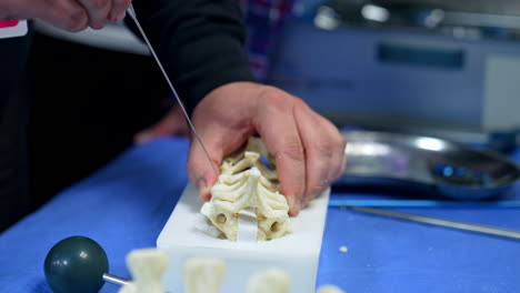long metal tool is inserted among the bones of the spine dummy. male hands hold skeleton mock up using instrument. neurosurgery practice.