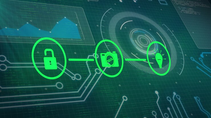 Animation of network of digital icons over data processing