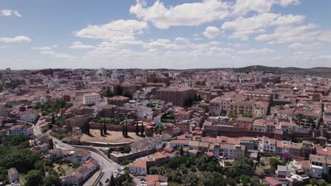 aerial view approaching caceres medieval cityscape, unesco world heritage in extremadura, spain