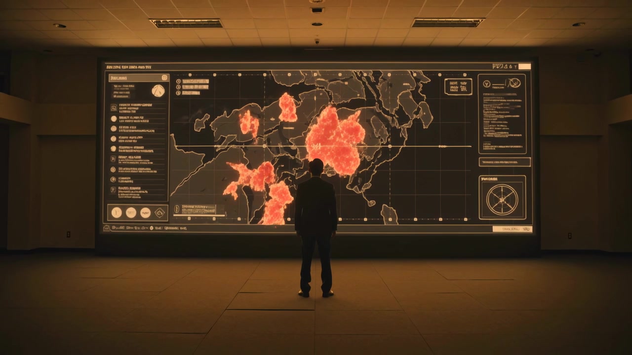 Analyst in dark suit reacting to hotspots and assessing spread on wall screen in control room