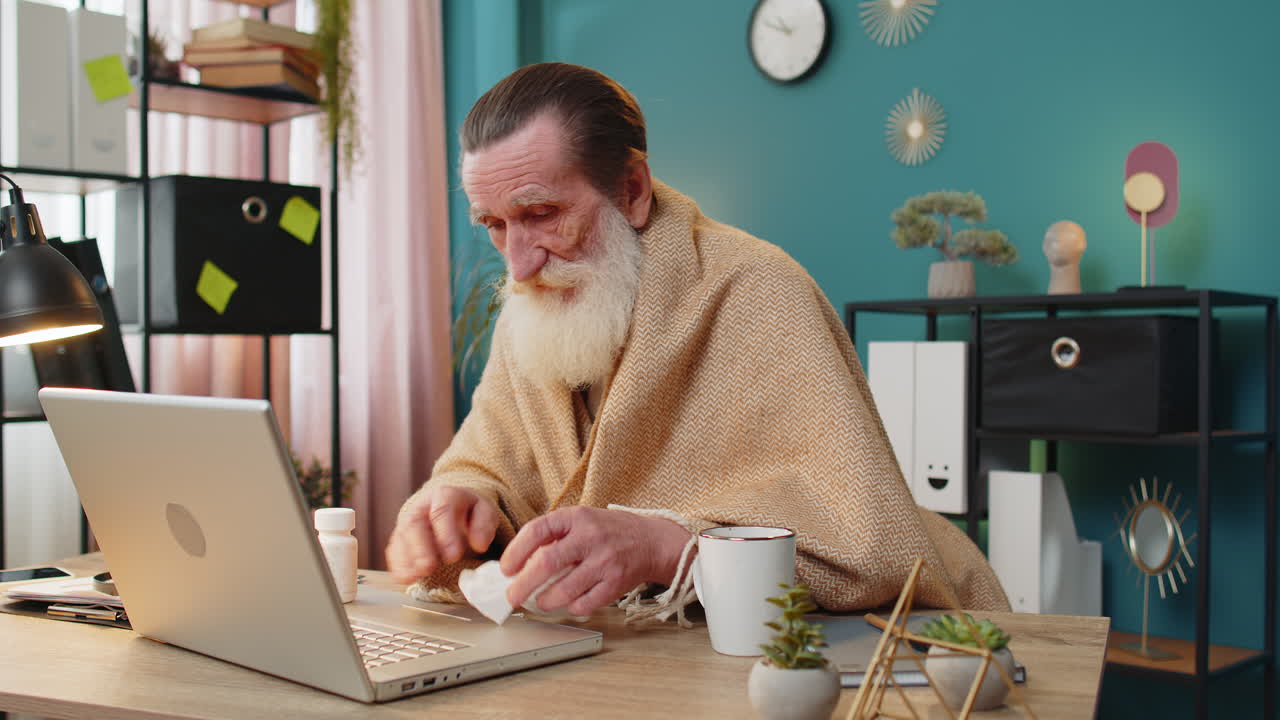 Sick ill senior man suffering from cold flu allergy blows sneezes wipes snot works on laptop at home