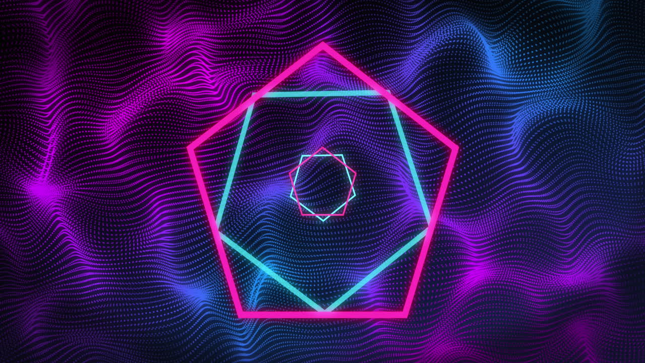 Animation of neon shapes and tunnel of glowing light trails of data transfer