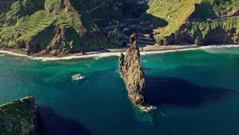 dramatic coastal landscape with sea stack and lush vegetation