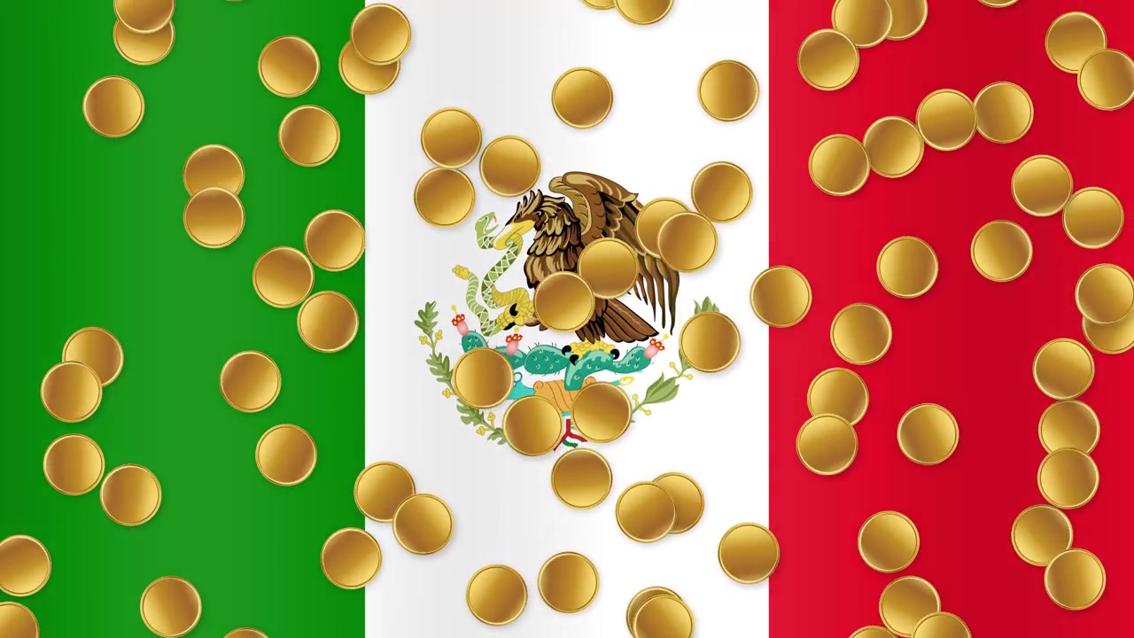 Moedas douradas chovem sobre um fundo de bandeira mexicana tremulante nesta vibrante animação gráfica