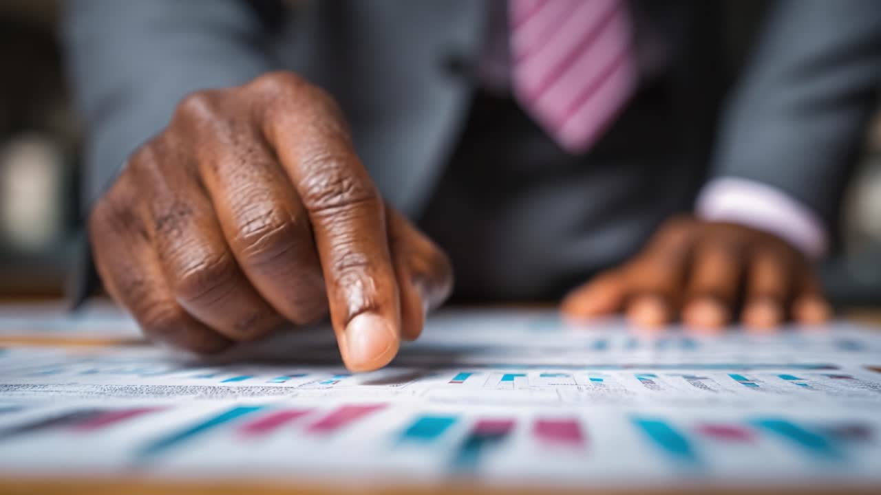 Analyzing Data Trends: A Close-Up of a Business Professional's Hand Pointing at Vibrant Graphs on a Financial Report Table