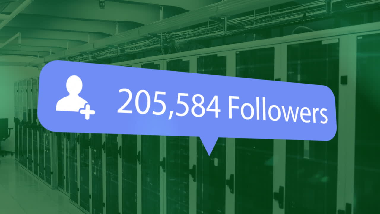 Animation of followers text and digital data processing and 6g text over computer servers