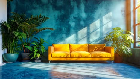 a yellow couch sitting in front of a blue wall next to a window