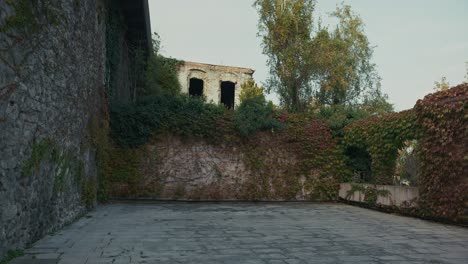 abandoned stone ruins in bratislava with ivy covered walls and autumn foliage