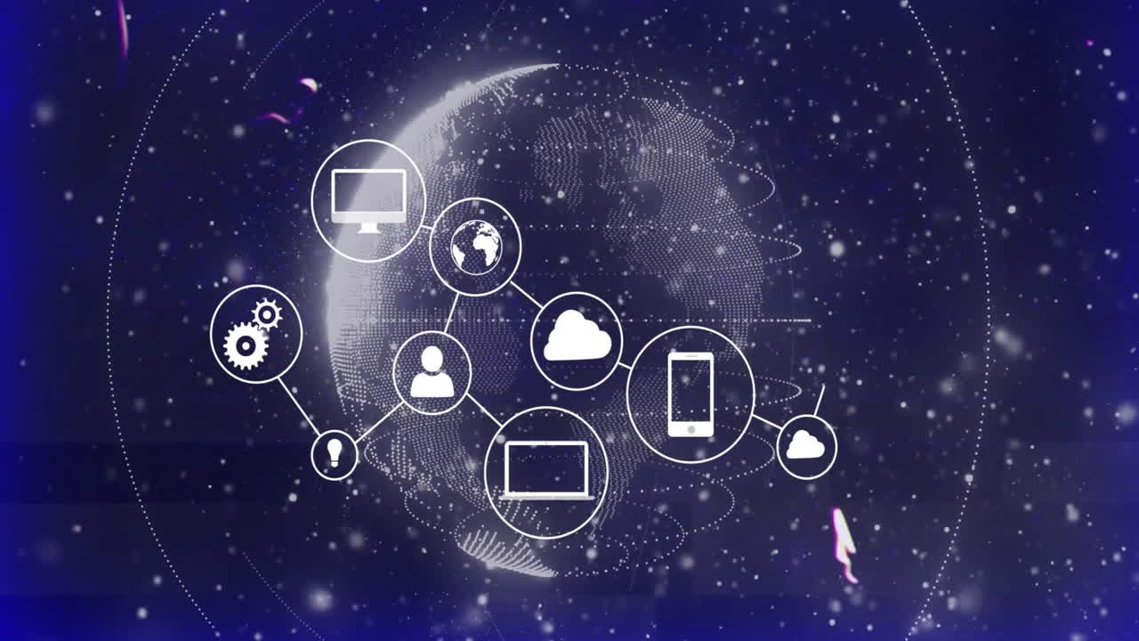 전 세계에 있는 아이콘과 연결된 네트워크의 애니메이션