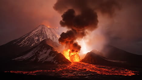 powerful volcanic eruption with fiery lava and ash clouds