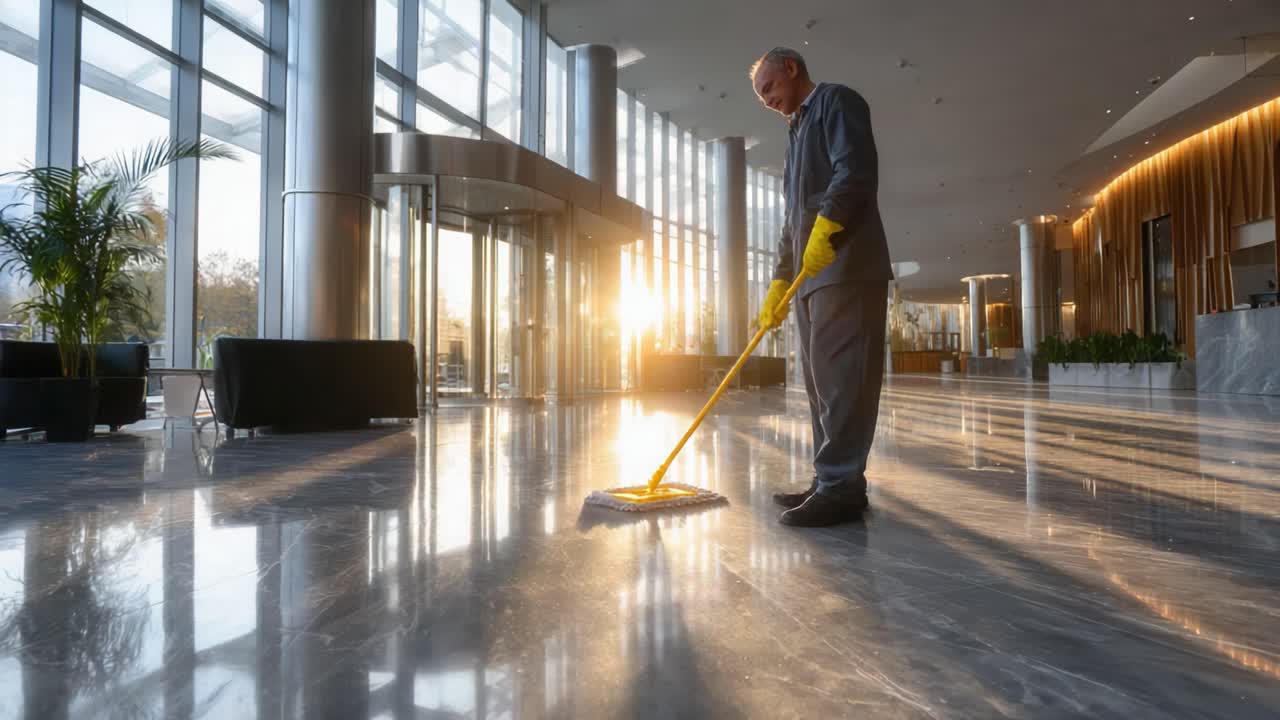 A dedicated janitor meticulously cleaning the polished floors of a modern building lobby, utilizing a mop to ensure a pristine and welcoming environment for visitors