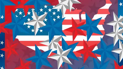 Animation-of-stars-usa-map-coloured-in-american-flag-over-purple-background