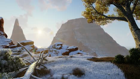 winter scenery, natural environment with mountains, snow falling, broken trees, and snowed cliffs 3d photorealistic animation sunset time