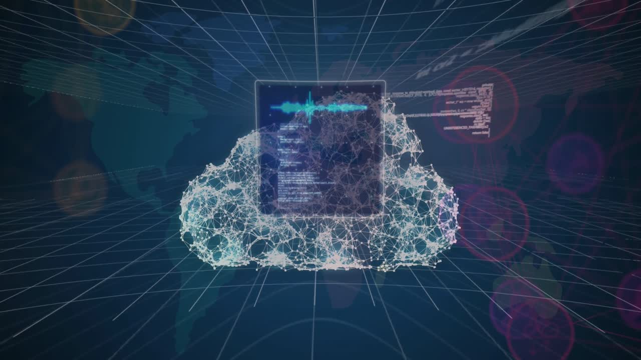 Animation of digital cloud, data processing over world map