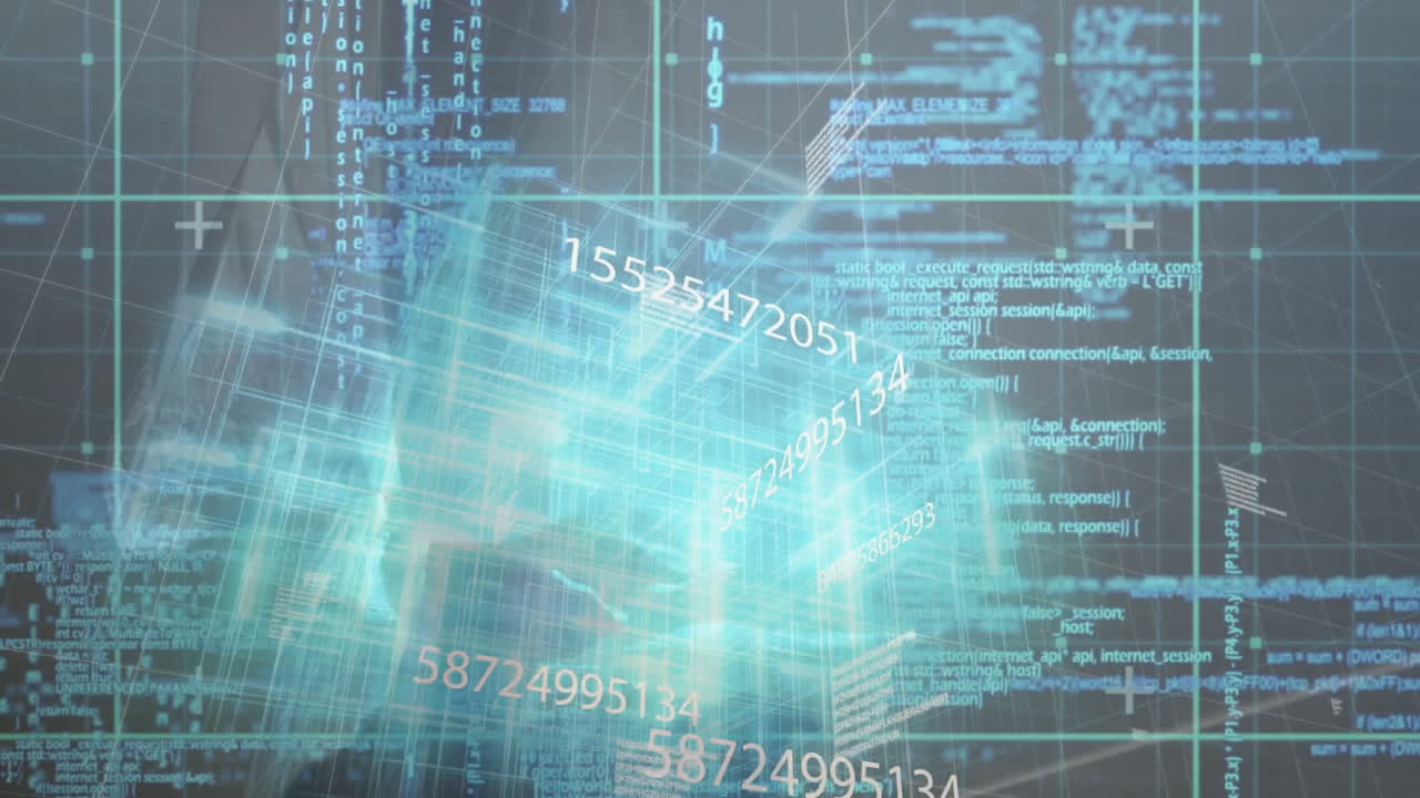 Animation of digital data and numbers floating over blue and black background