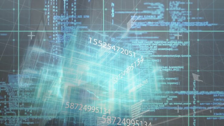 Animation of digital data and numbers floating over blue and black background
