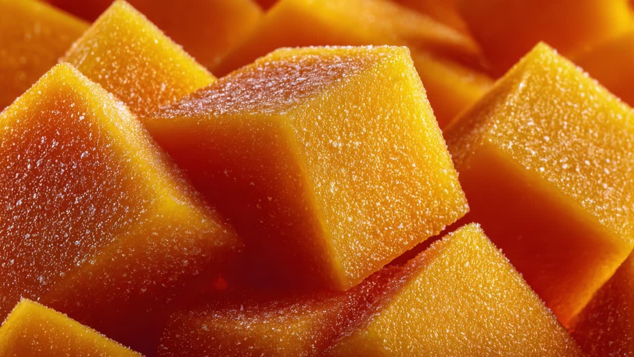 Primo Piano di Cubetti Gialli Scintillanti che Creano una Visualizzazione Accattivante, Evidenziando le Consistenze e i Colori di Queste Deliziose Prelibatezze